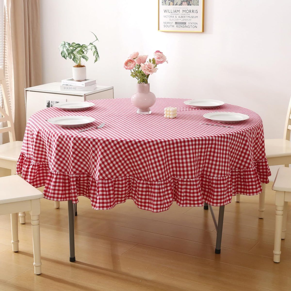Taupe White Gingham Ruffled Tablecloth 120"x60"