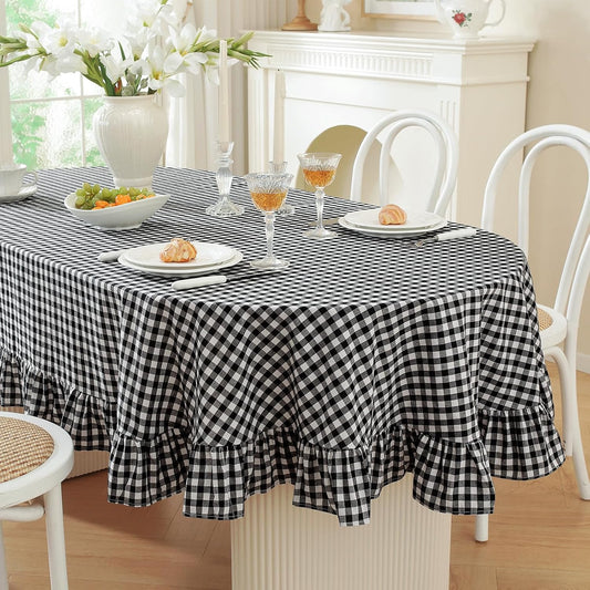 Wolkemer Black and White Gingham Ruffled Oval Tablecloth, 60x84 Inch