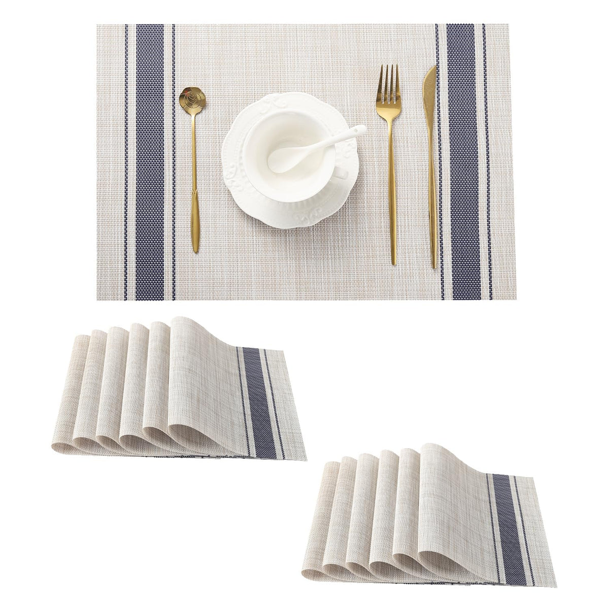 Beige Placemats Set of 4 - Heat-Resistant, Non-Slip Table Mats, Washable Woven Vinyl for Indoor & Outdoor Dining