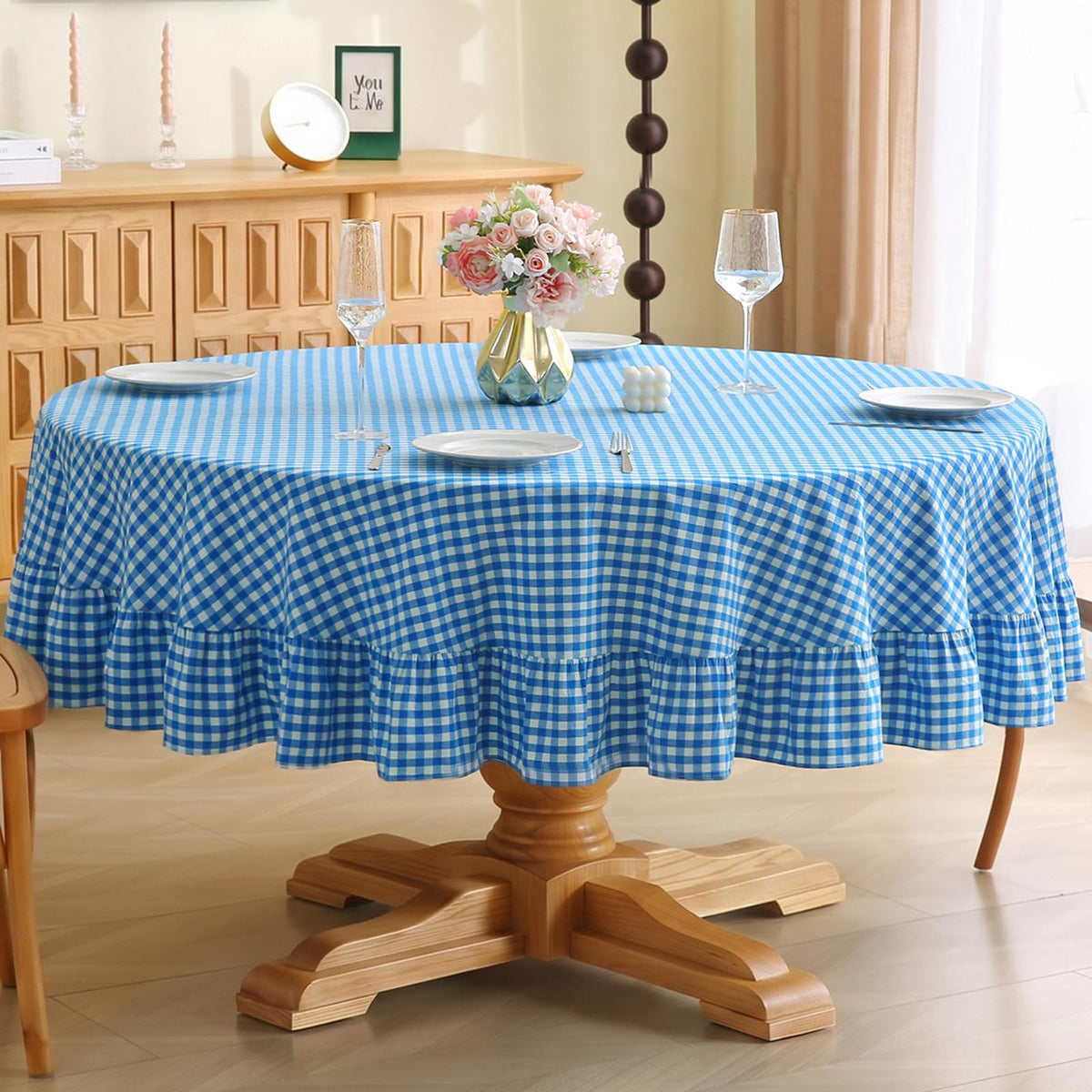 Taupe White Gingham Ruffled Tablecloth 120"x60"