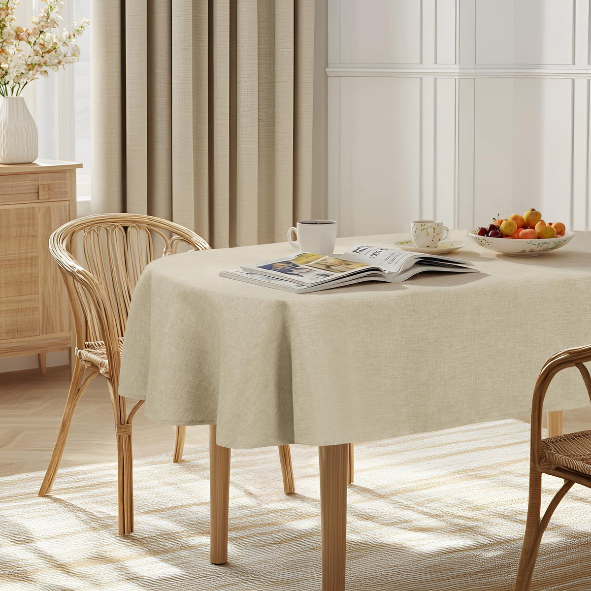 JIUZHEN Faux Linen Rectangle Tablecloth, Wrinkle Stain Resistant Farmhouse Textured Table Cloth Decorative Fabric for Kitchen, Dining, Party, Wedding,Outdoor Use,90 x 132 Inch,Beige