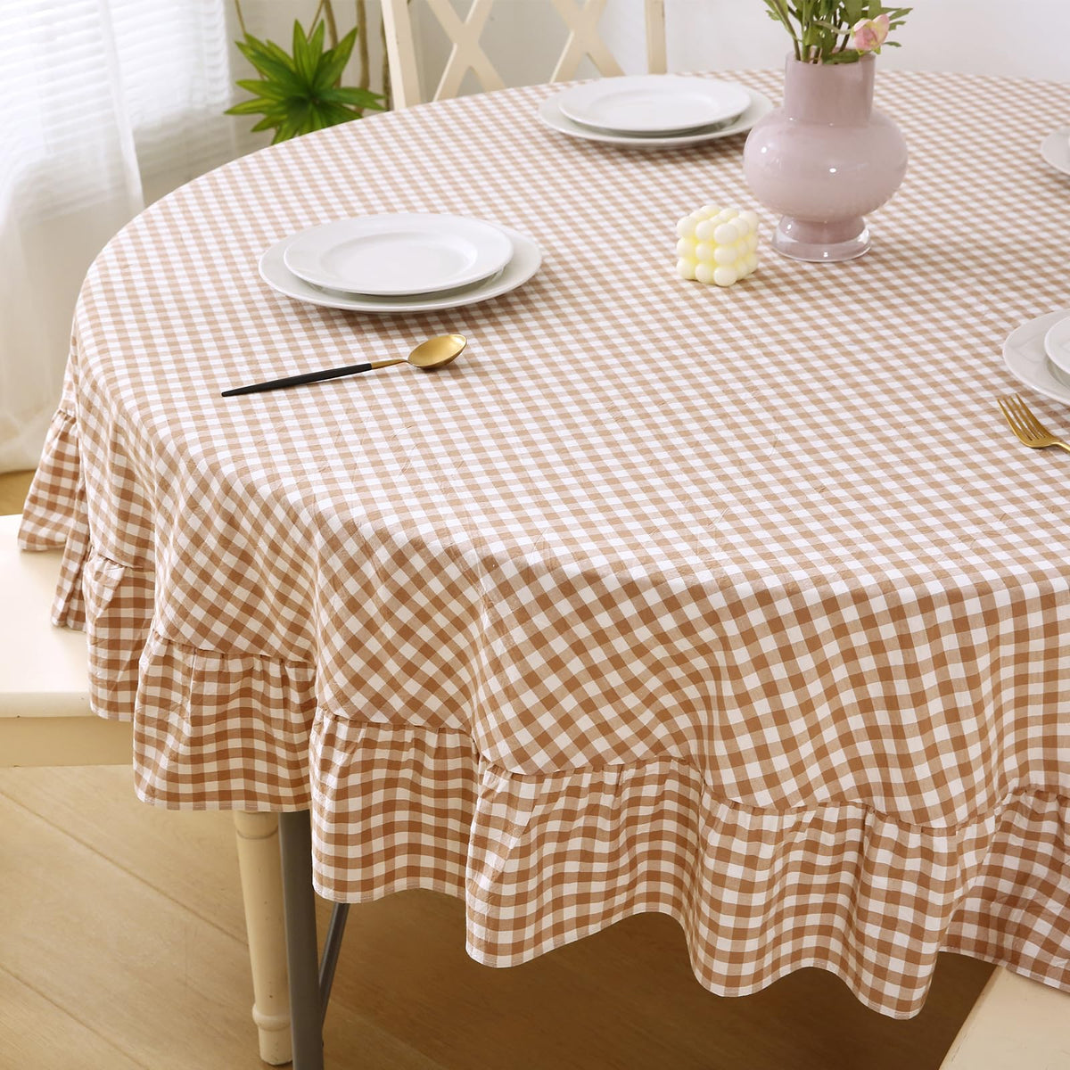 Taupe White Gingham Ruffled Tablecloth 120"x60"