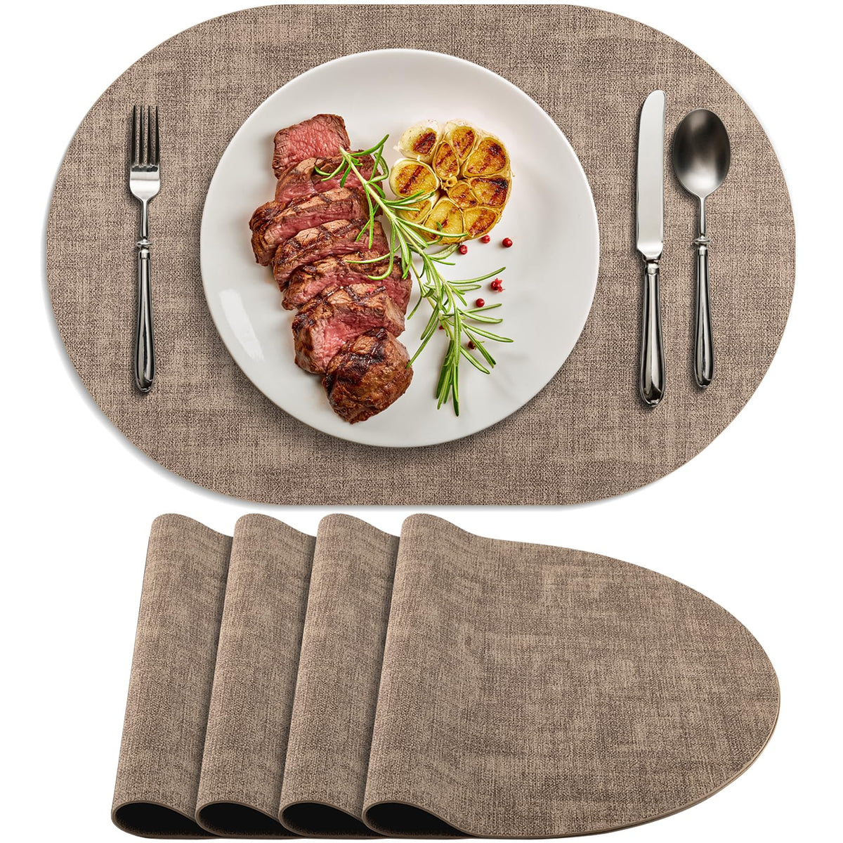 Faux Leather Oval Placemats Set of 4, Beige