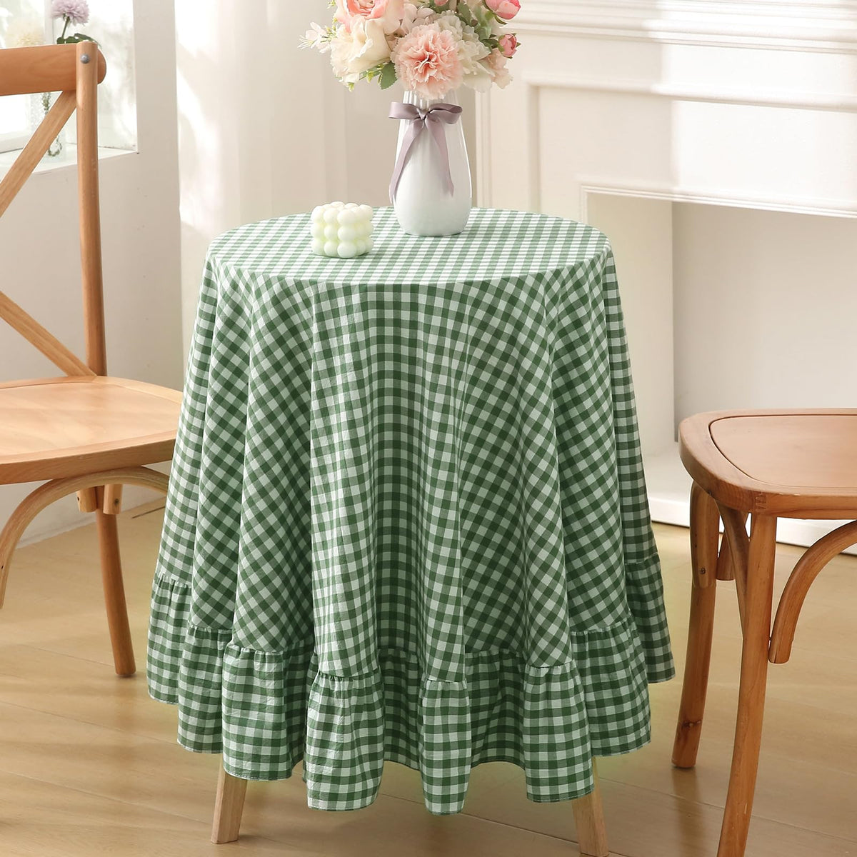 Taupe White Gingham Ruffled Tablecloth 120"x60"