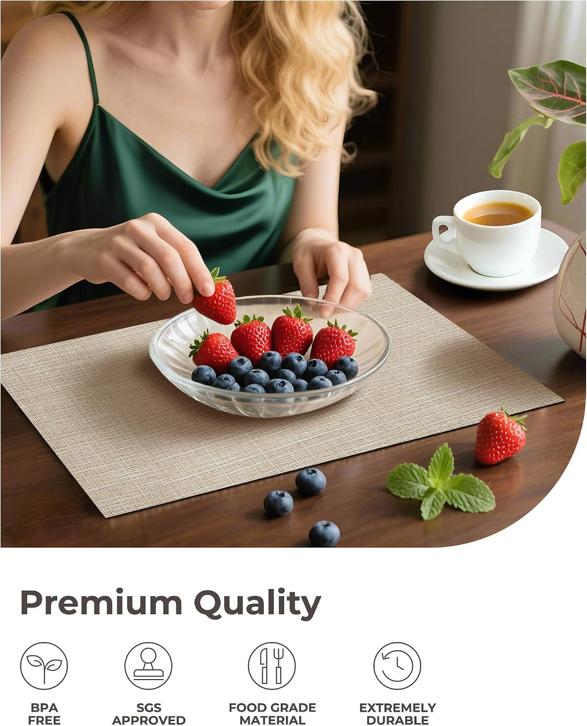 Beige Placemats Set of 8 - Heat-Resistant, Non-Slip Table Mats, Washable Woven Vinyl for Indoor & Outdoor Dining