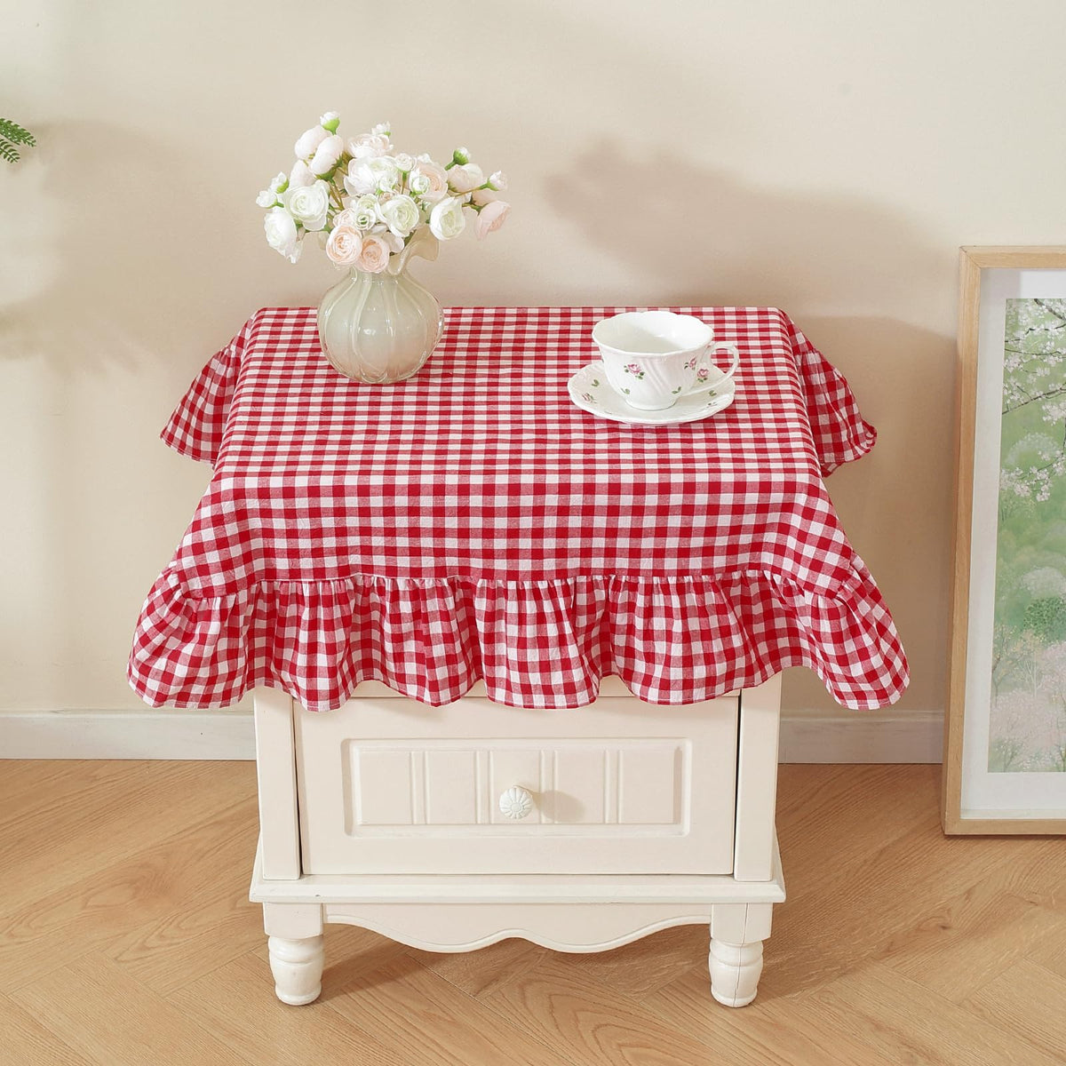 Wolkemer Black and White Gingham Ruffled Oval Tablecloth, 60x84 Inch
