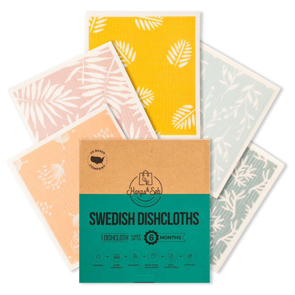 Harps&Seb Swedish Dishcloths for Kitchen Dish Towels - 5 Pack, Non-Scratch Reusable Paper Towels, Super Absorbent Washable Swedish Dish Cloths, No Odor, Biodegradable, Fruit Design