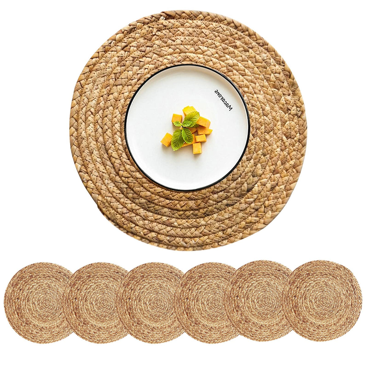 Woven Placemats Round Placemats Set of 6, 13.5 Inch Wicker Placemat Circle Rattan Placemats Farmhouse Boho Braided Natural Water Hyacinth Place Mats for Indoor & Outdoor Table Decor