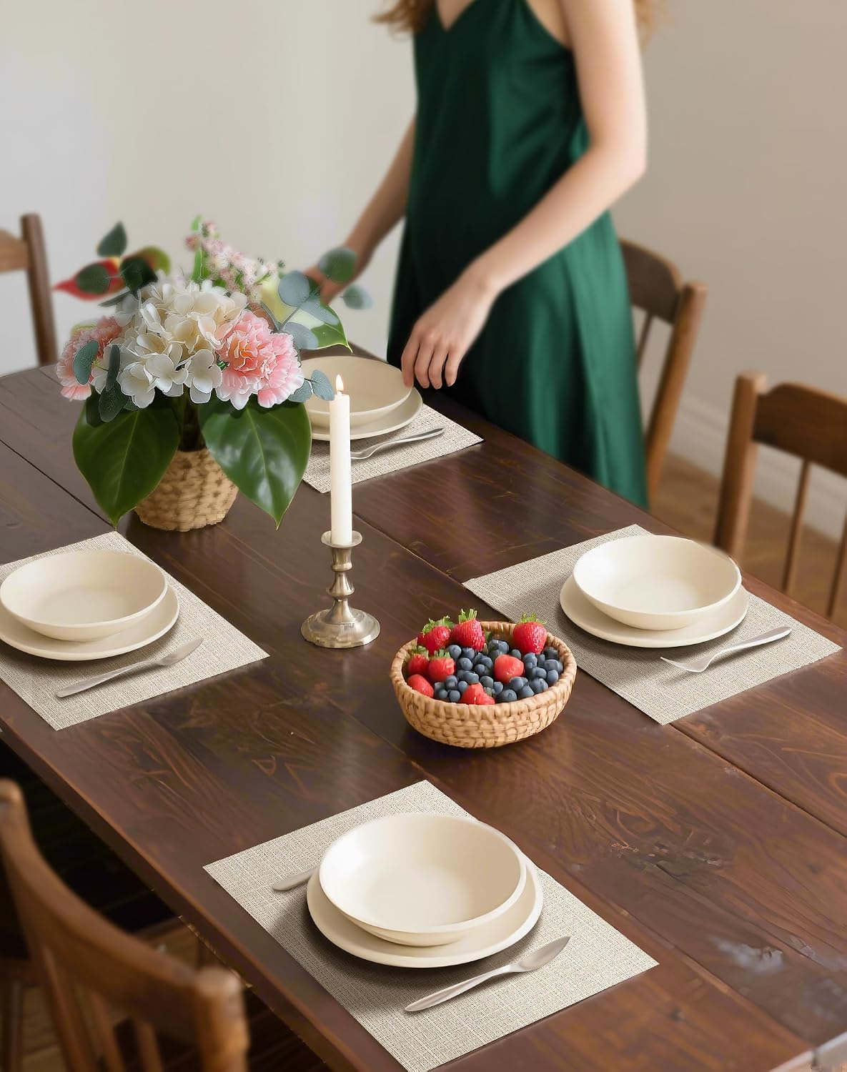 Beige Placemats Set of 8 - Heat-Resistant, Non-Slip Table Mats, Washable Woven Vinyl for Indoor & Outdoor Dining