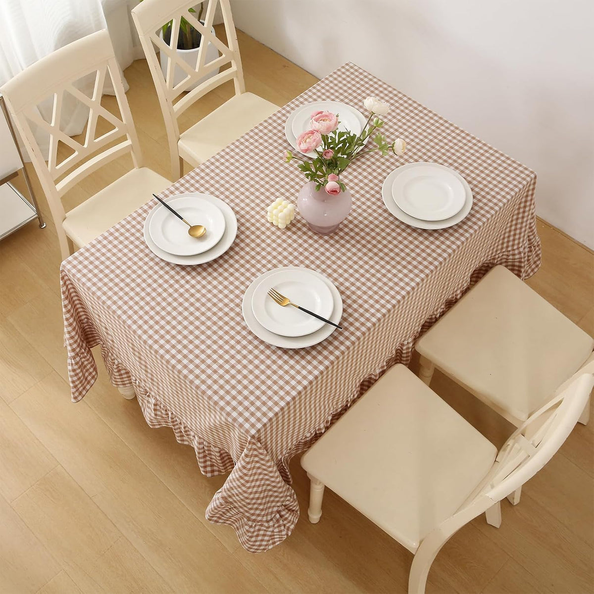 Taupe White Gingham Ruffled Tablecloth 120"x60"
