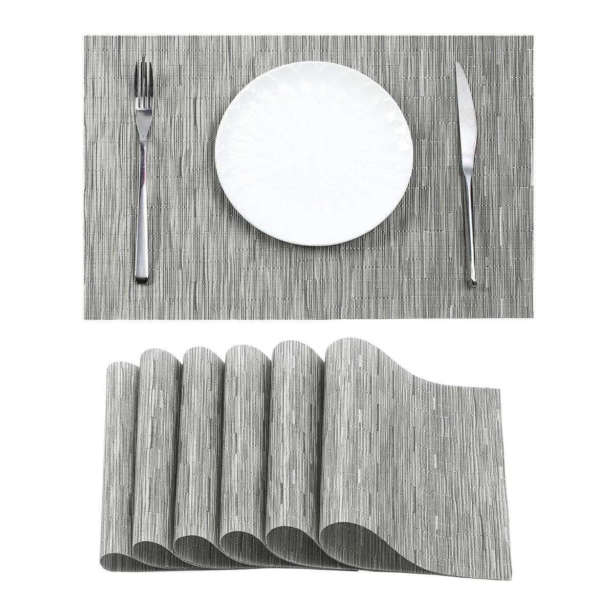 Beige Placemats Set of 6 - Heat-Resistant, Non-Slip Table Mats, Washable Woven Vinyl for Indoor & Outdoor Dining