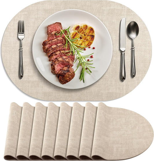 Faux Leather Oval Placemats Set of 8, Beige