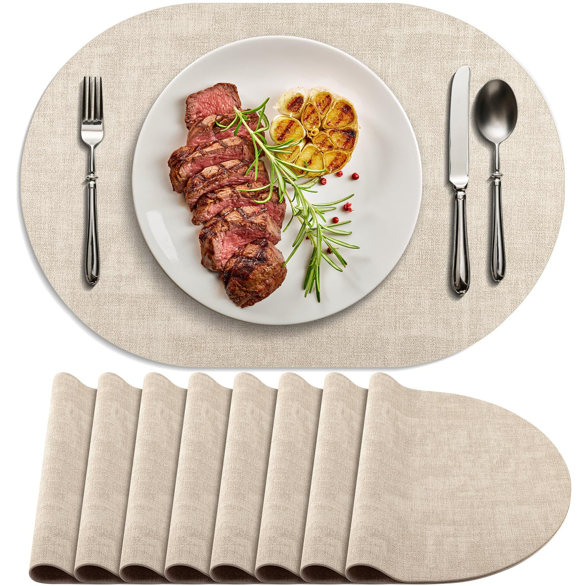 Faux Leather Oval Placemats Set of 4, Beige