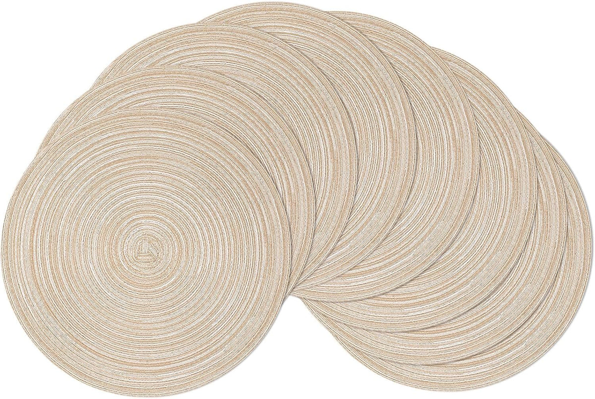 SHACOS Round Braided Placemats Set of 8 Cotton Fabric Round Table Mats Non Slip Washable 15 inch Round Place Mats Home Party Table Decor (Beige, 8)