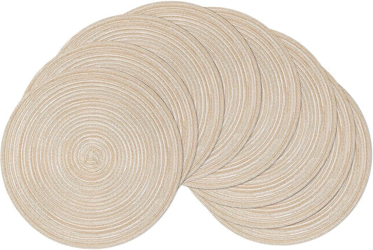 SHACOS Round Braided Placemats Set of 8 Cotton Fabric Round Table Mats Non Slip Washable 15 inch Round Place Mats Home Party Table Decor (Beige, 8)