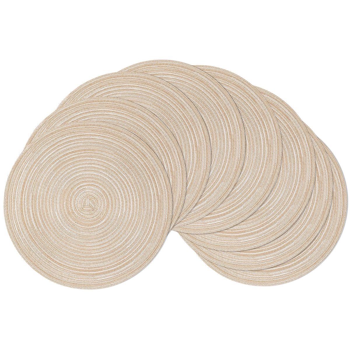 SHACOS 15 inch Round Placemats Set of 6, Cotton Polyester Woven Braided Place Mats, Washable Heat Resistant Circle Table Mats for Dining Table (Beige, 6)