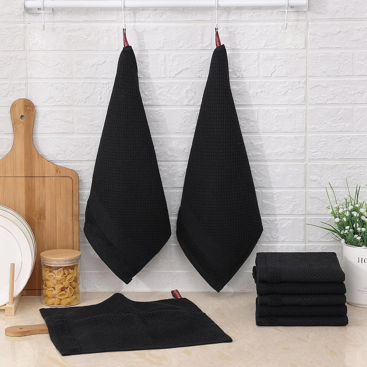 Homaxy 100% Cotton Dish Cloths, 8 Pack - 12 x 12 Inches, Black