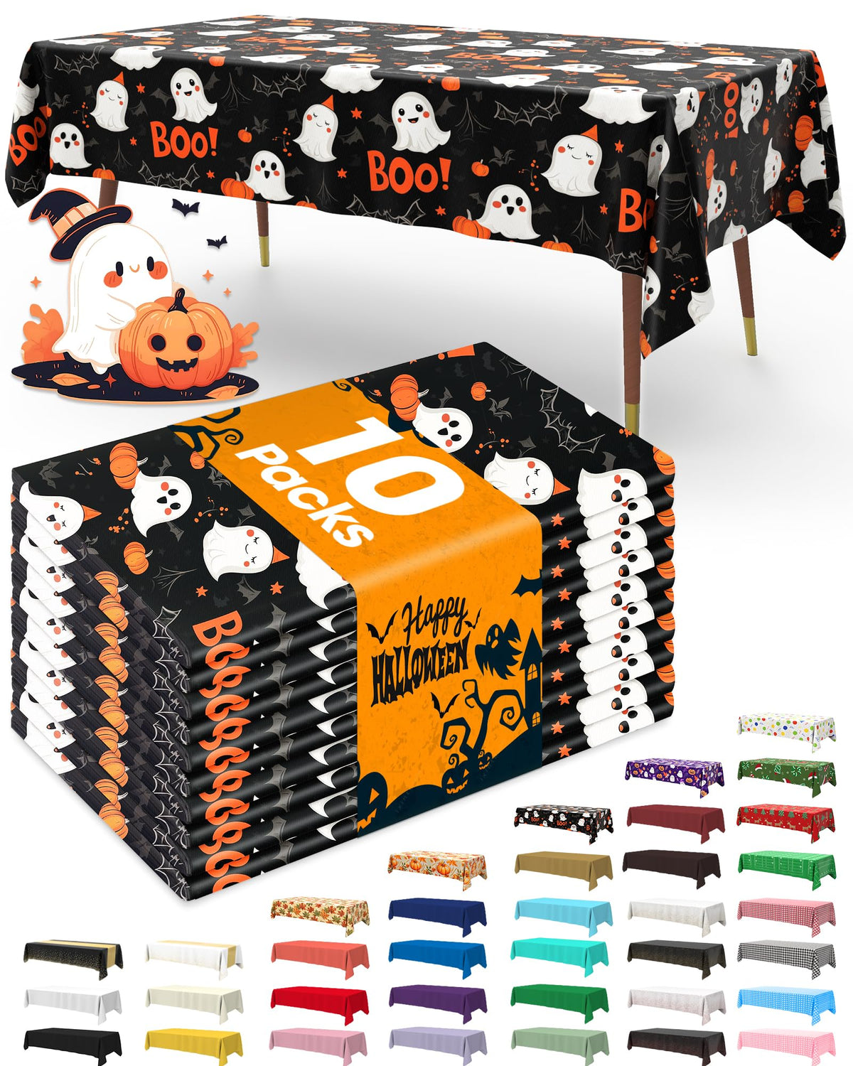 Pureegg Plastic Table Cloth Disposable 10 Pack, 54 x 108 Inch Table Cloths, Halloween Party Decorations, Summerween Decor, Halloween Tablecloths, Rectangle, Plastic Cover, Leakproof & Sturdy, Black