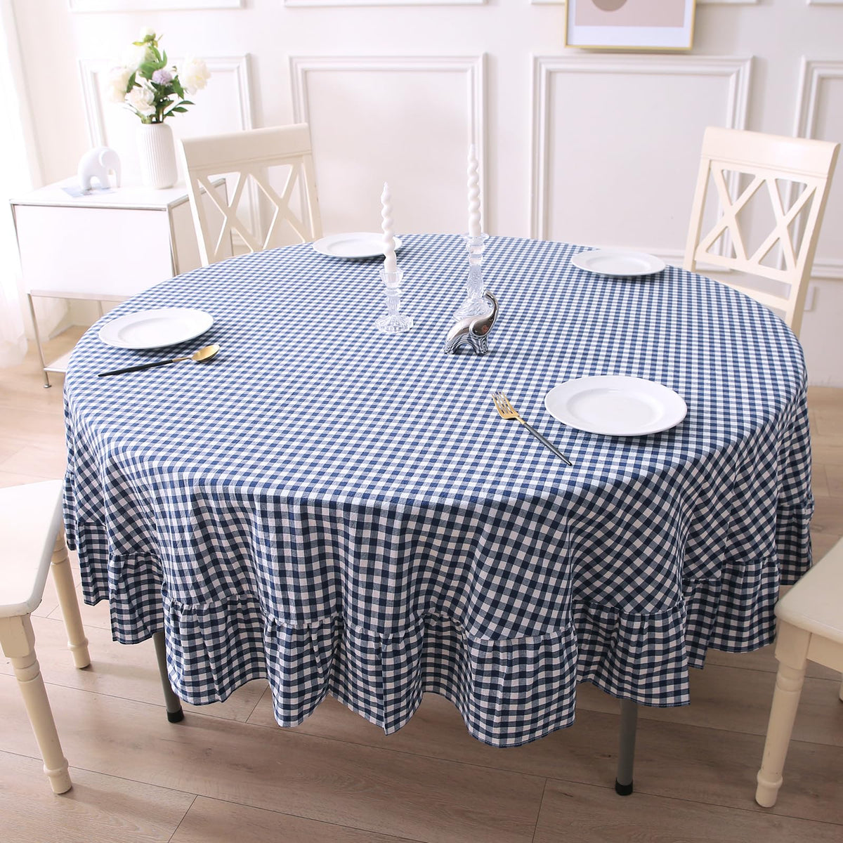 Taupe White Gingham Ruffled Tablecloth 120"x60"