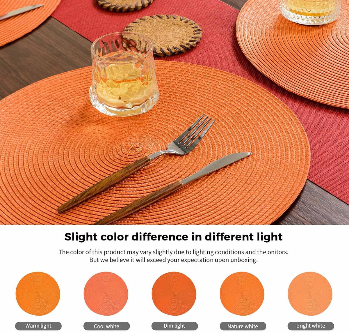 FunWheat Round Braided Placemats Set of 6 Table Mats for Dining Tables Woven Washable Non-Slip Place mats 15 inch(Orange, 6pcs)