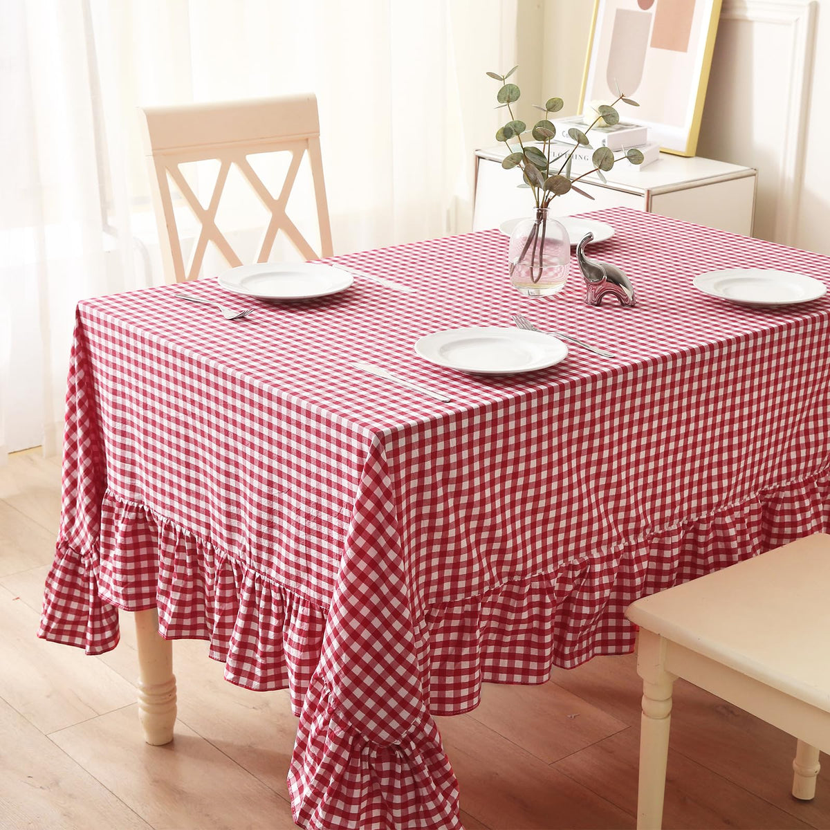 Taupe White Gingham Ruffled Tablecloth 120"x60"