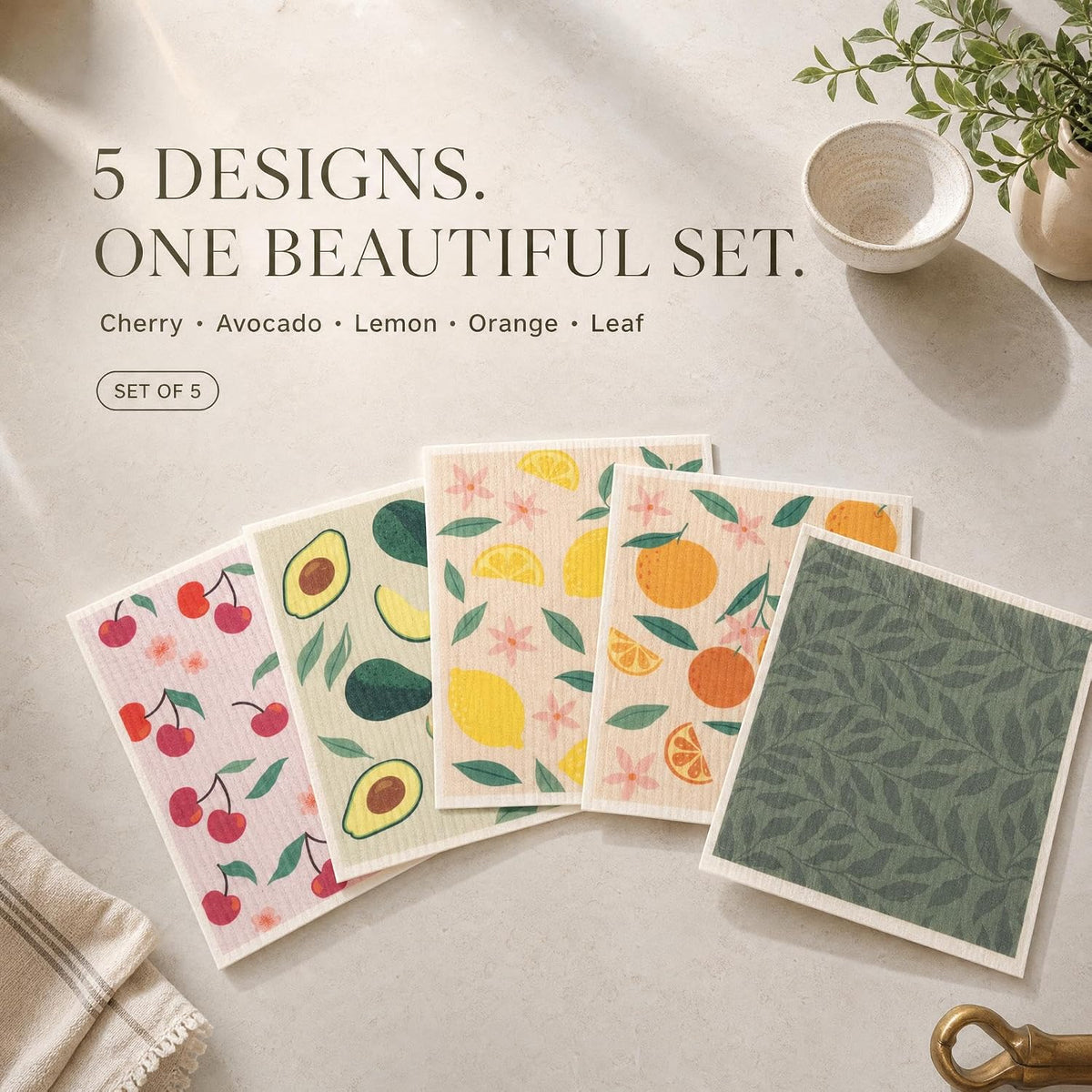 KIBAGA Beautiful Swedish Dishcloths for Kitchen Set of 5