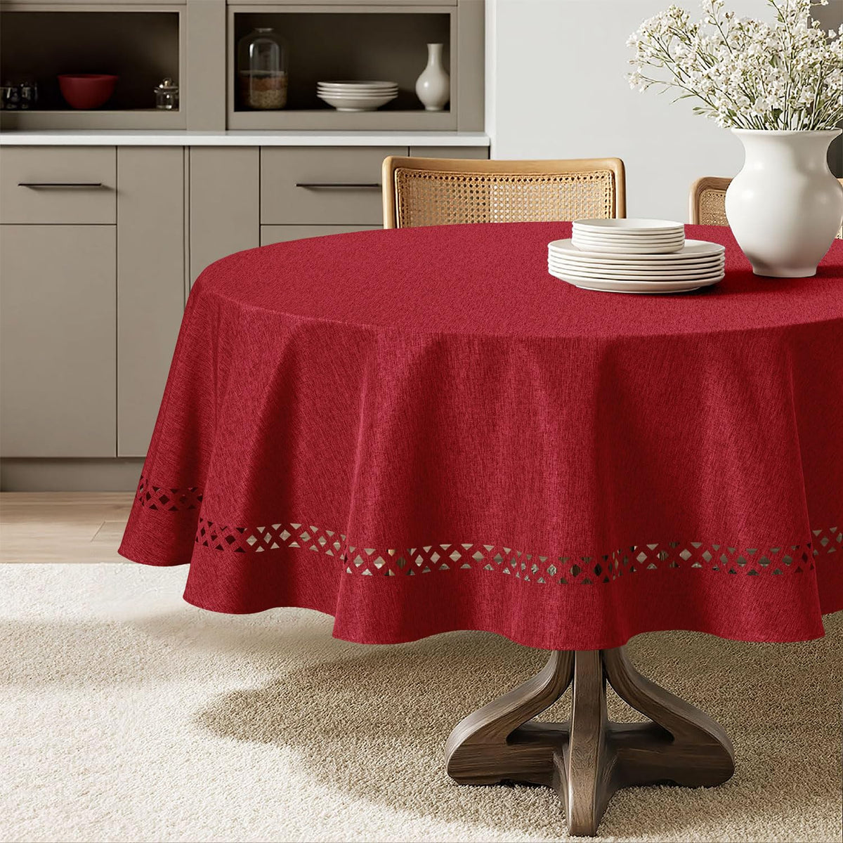 MIULEE Beige Rectangle Tablecloth with Decorative Cutouts 60x84 Inch