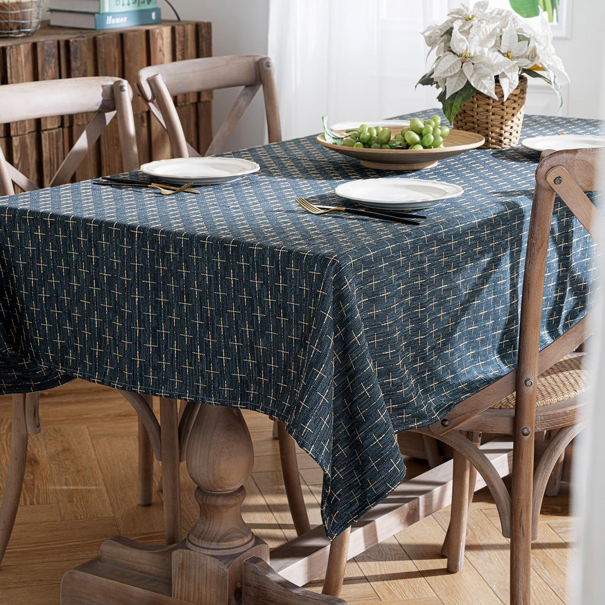 MIULEE Navy Blue Rectangle Cross-Star Textured Table Cloth 60x84 Inch