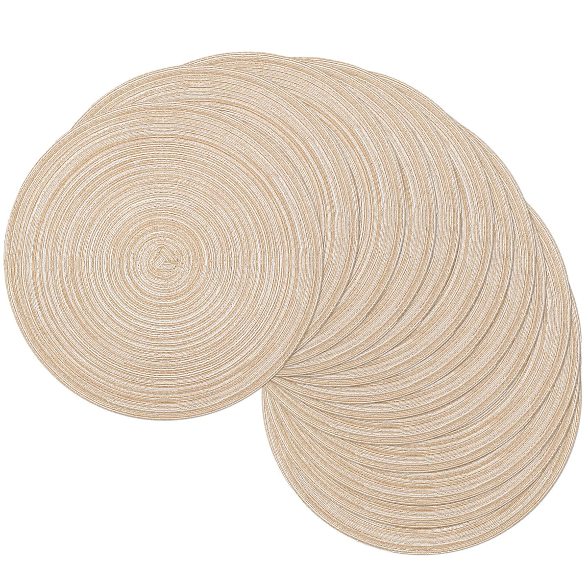 SHACOS 15 inch Round Placemats Set of 6, Cotton Polyester Woven Braided Place Mats, Washable Heat Resistant Circle Table Mats for Dining Table (Beige, 6)