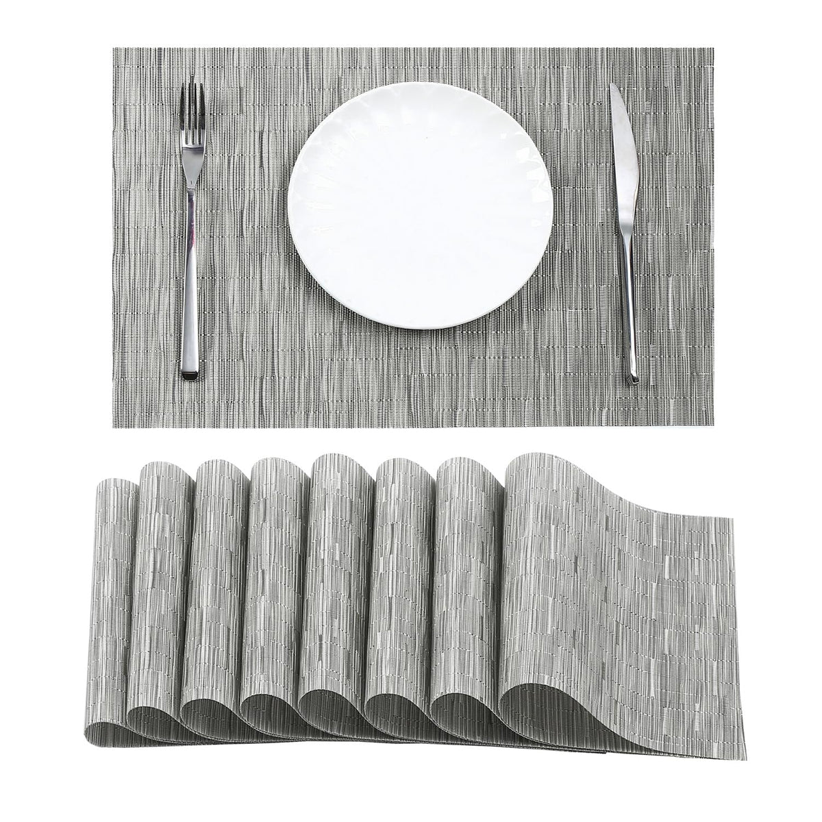 Beige Placemats Set of 8 - Heat-Resistant, Non-Slip Table Mats, Washable Woven Vinyl for Indoor & Outdoor Dining