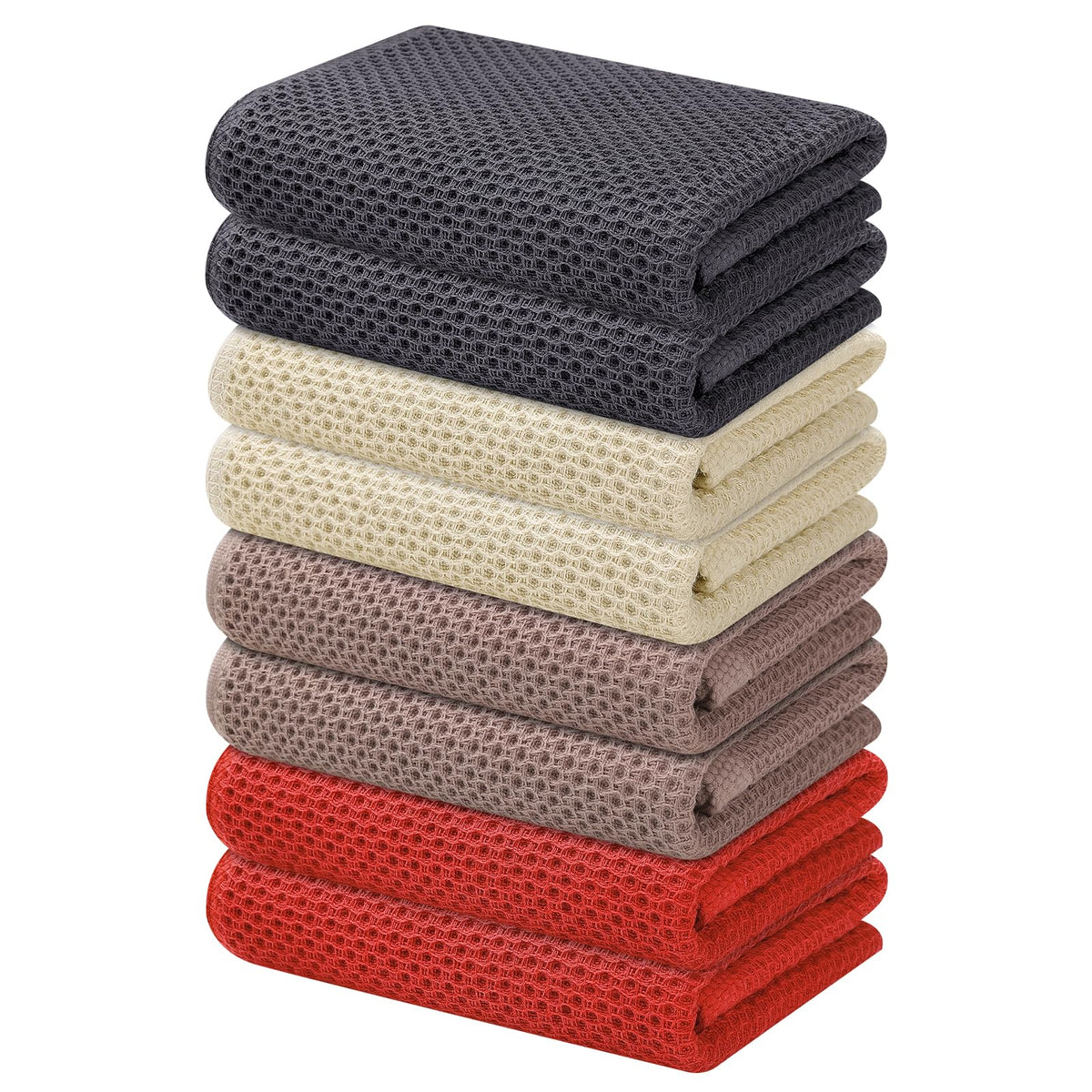 Kitinjoy 100% Cotton Waffle 6-Pack Kitchen Towels, 12" x 12", Dark Grey