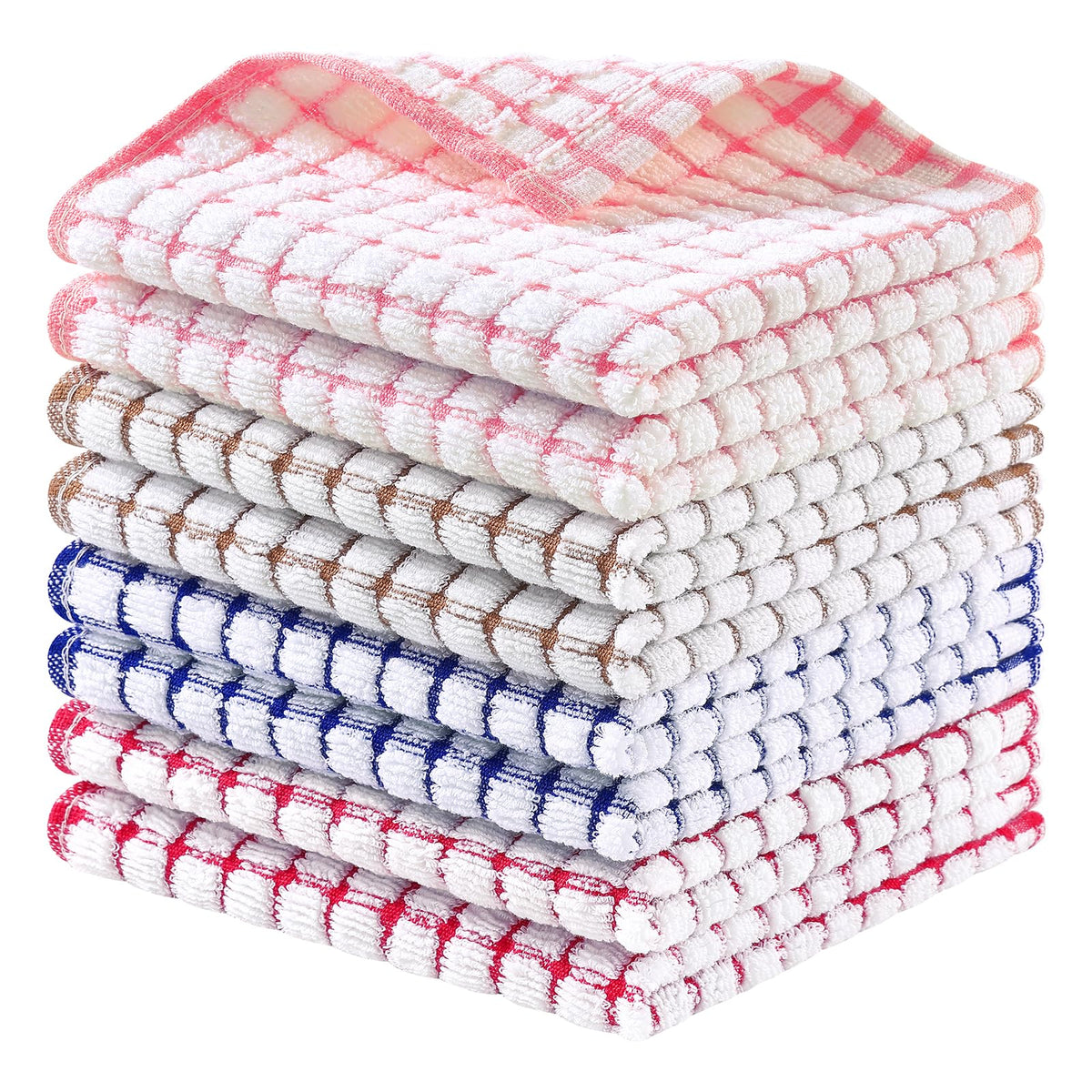 Homaxy 8 Pack Terry Kitchen Dish Cloths, 12"x12", Blue/Yellow/Red/Green