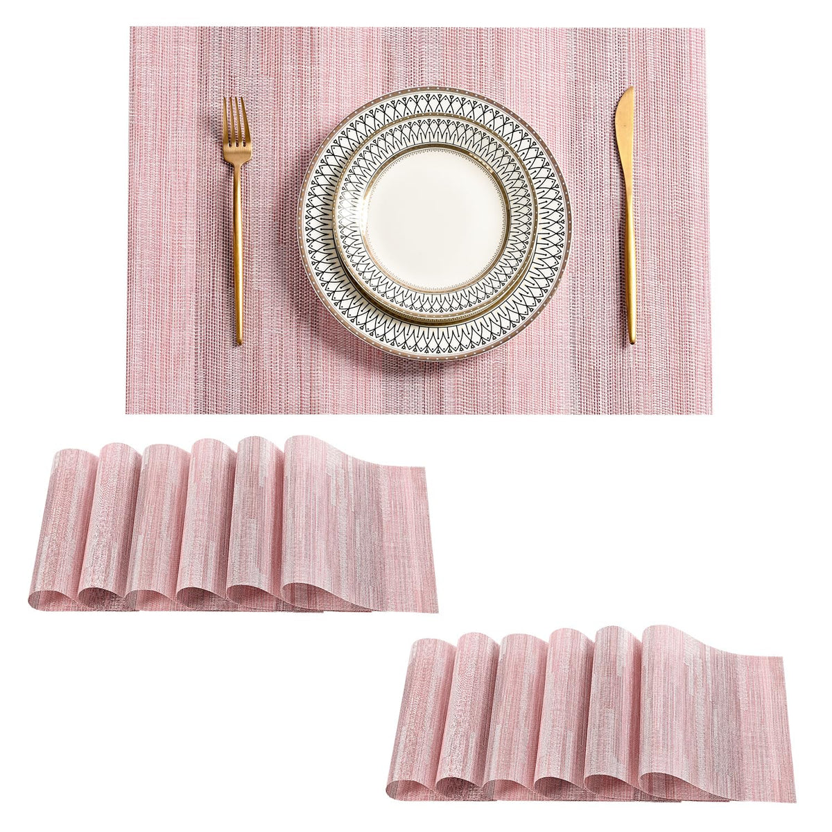 Beige Placemats Set of 6 - Heat-Resistant, Non-Slip Table Mats, Washable Woven Vinyl for Indoor & Outdoor Dining