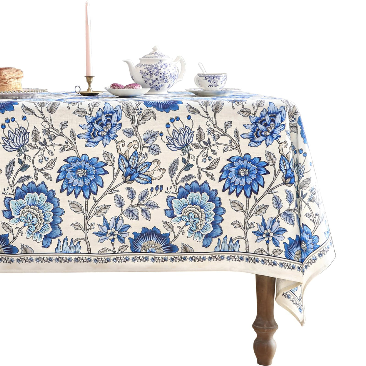 ISAENNE Designer Linen Rectangular Long Tablecloth,118"x67"-Serenity G