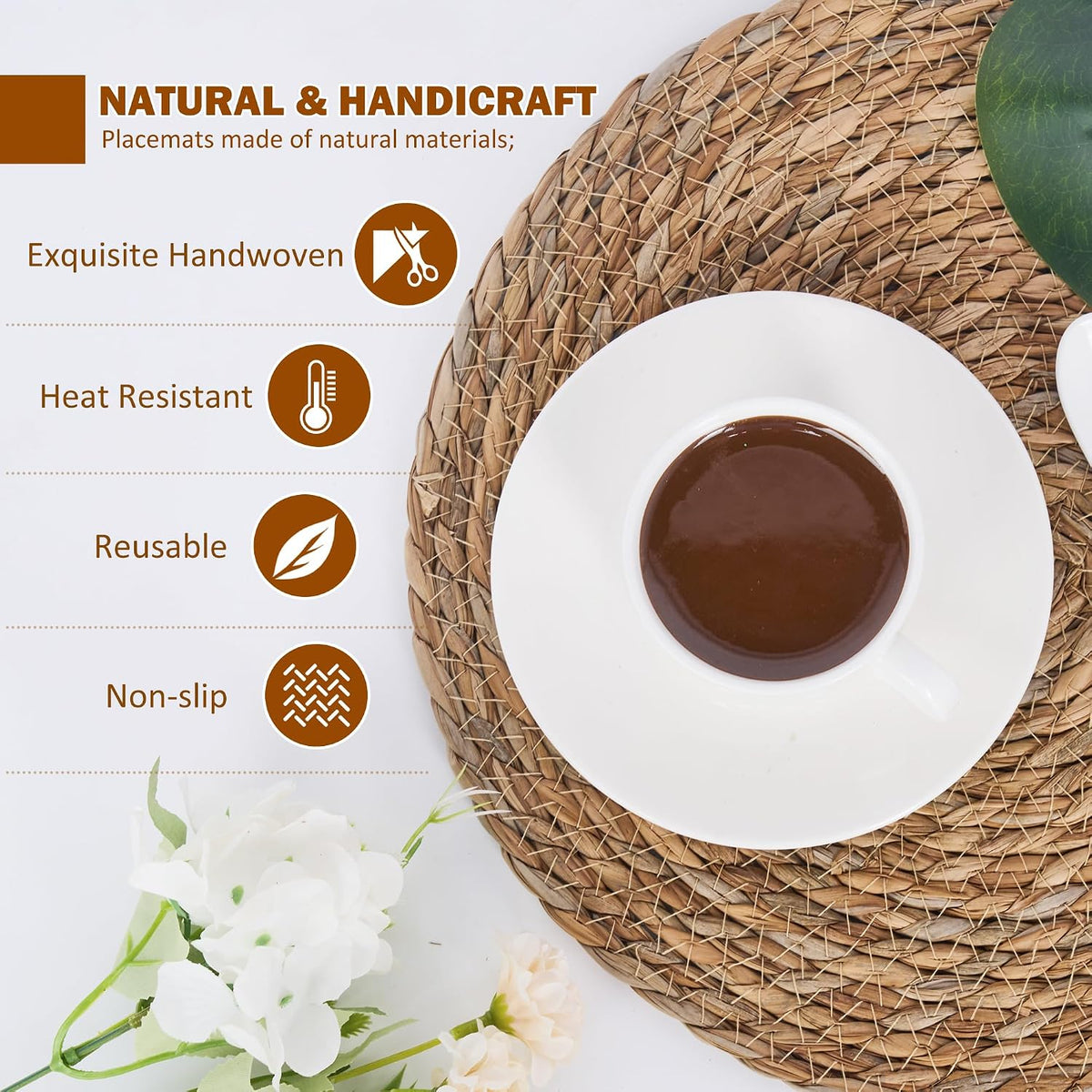 Defined Deco Woven Placemats Set of 10,12" Round Rattan Placemats,Natural Hand-Woven Water Hyacinth Placemats,Farmhouse Weave Place Mats,Rustic Braided Wicker Table Mats for Dining Table,Home,Wedding.