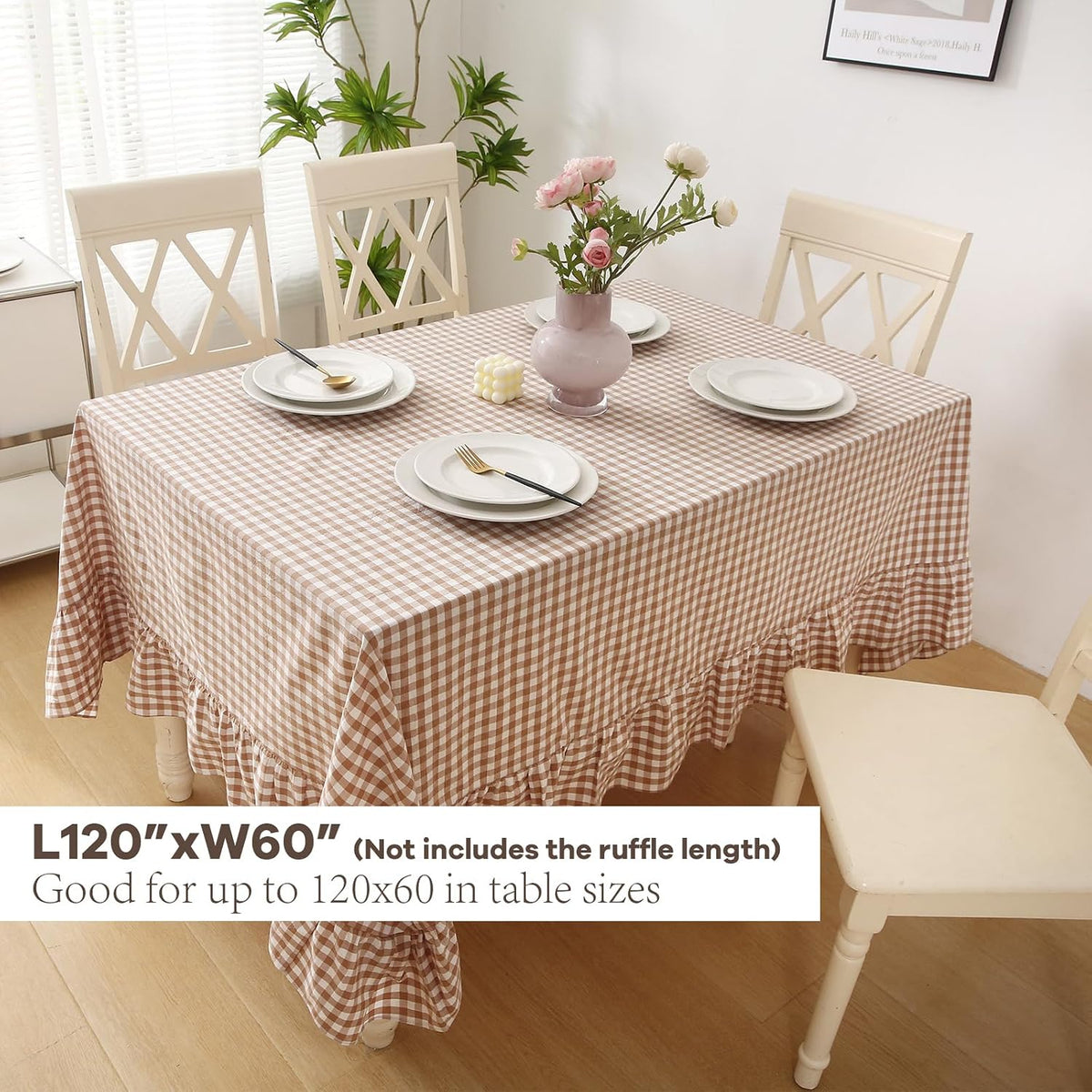 Taupe White Gingham Ruffled Tablecloth 120"x60"