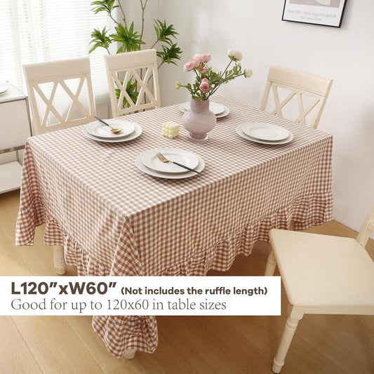 Taupe White Gingham Ruffled Tablecloth 120"x60"