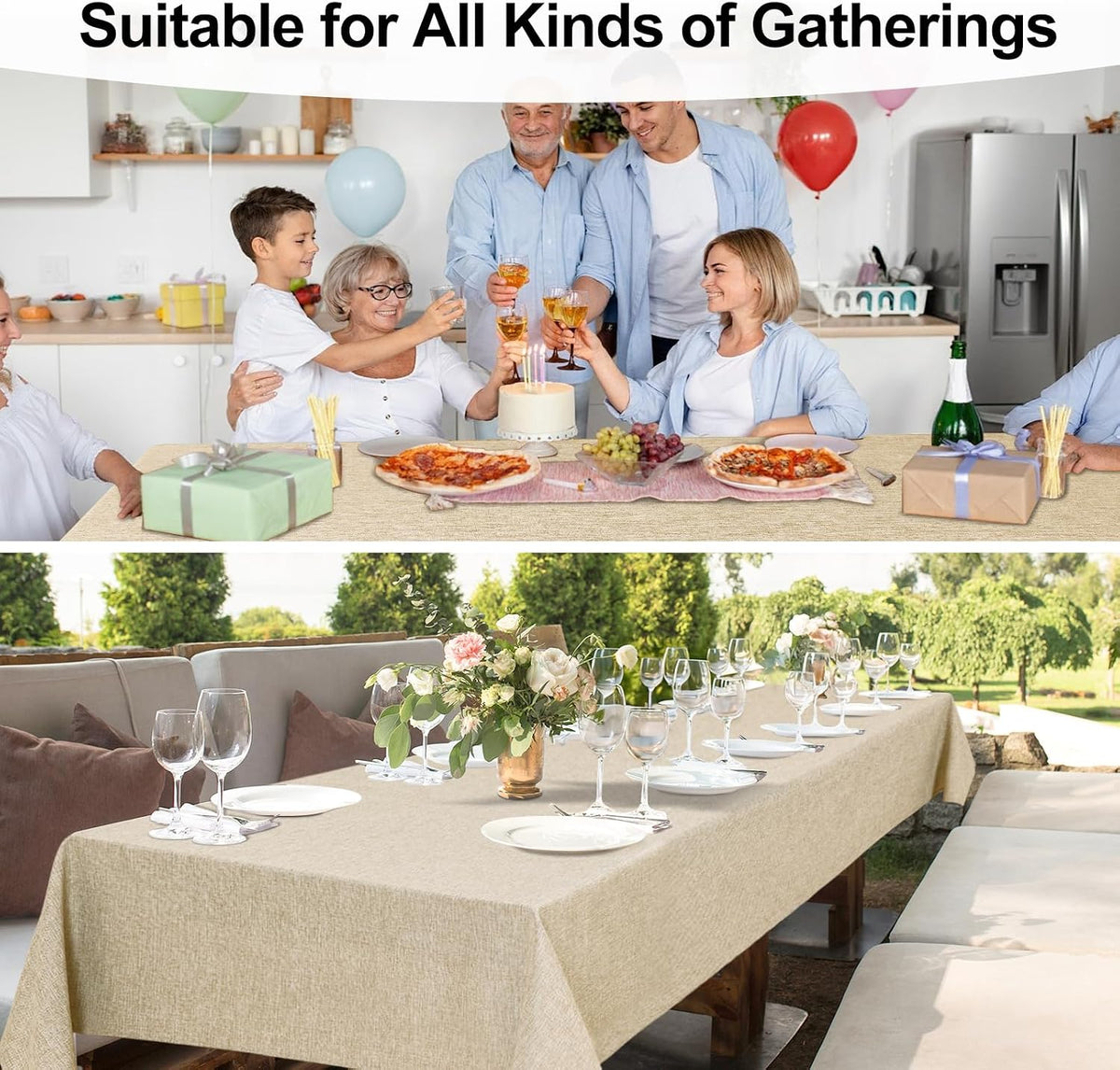 JIUZHEN Faux Linen Rectangle Tablecloth, Wrinkle Stain Resistant Farmhouse Textured Table Cloth Decorative Fabric for Kitchen, Dining, Party, Wedding,Outdoor Use,90 x 132 Inch,Beige