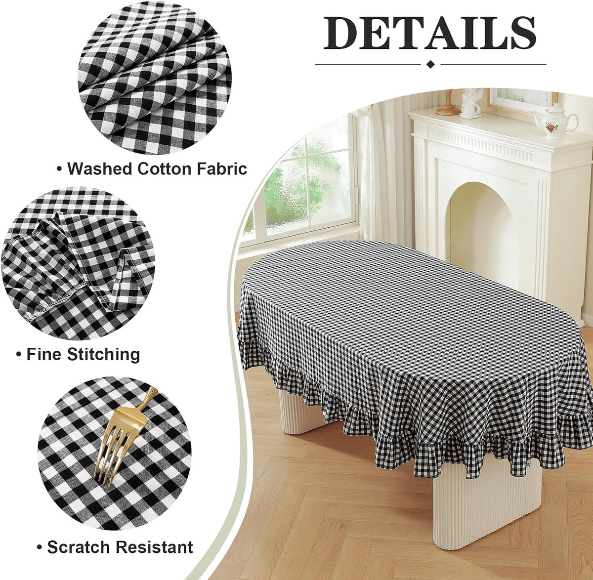 Wolkemer Black and White Gingham Ruffled Oval Tablecloth, 60x84 Inch