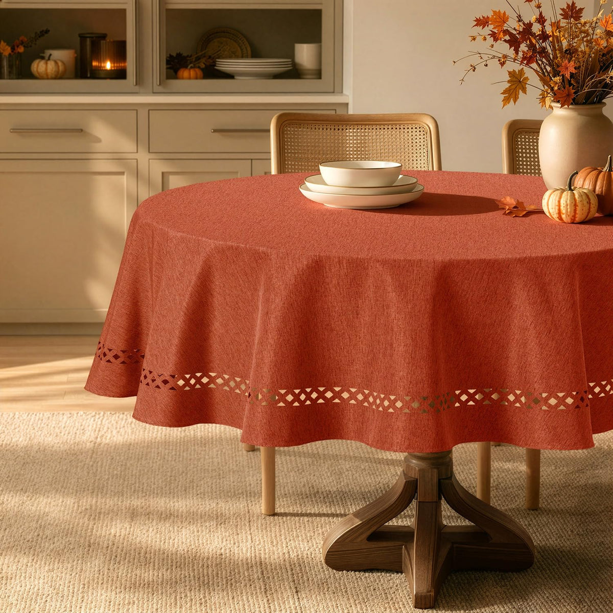 MIULEE Beige Rectangle Tablecloth with Decorative Cutouts 60x84 Inch
