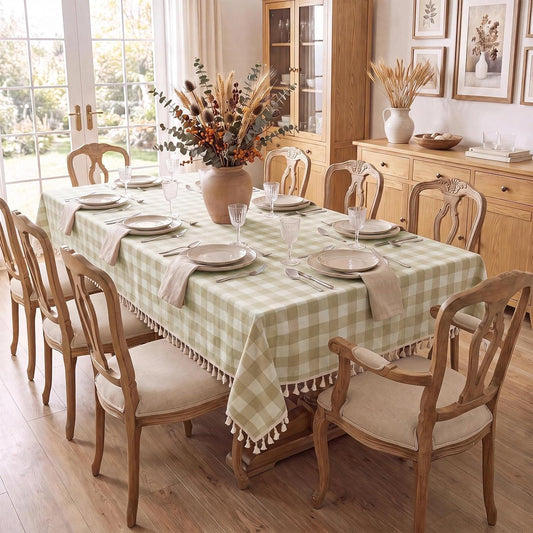 Romanstile Gingham Tassel Tablecloth Rectangle - 60 x 84 Inch, Beige