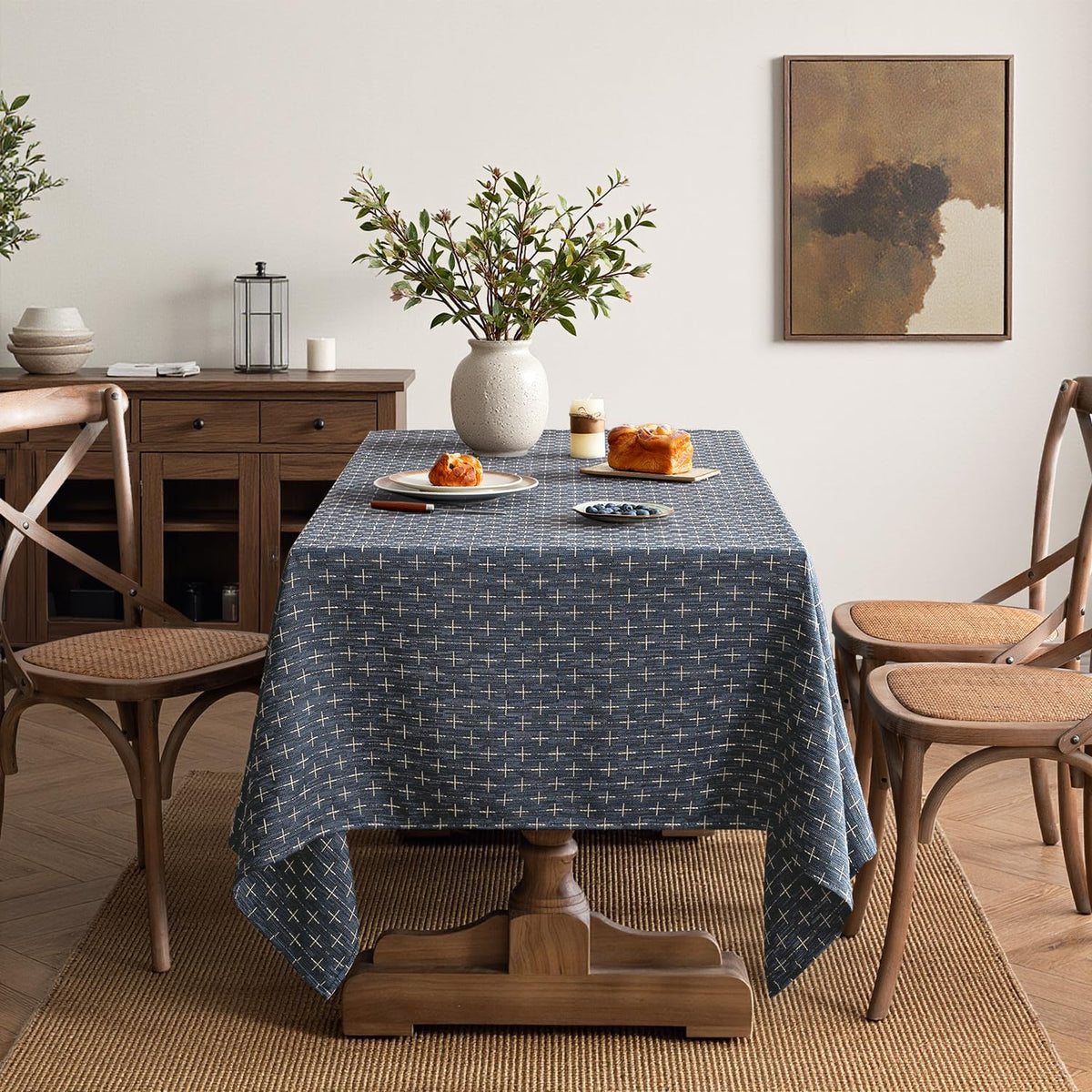 MIULEE Navy Blue Rectangle Cross-Star Textured Table Cloth 60x84 Inch