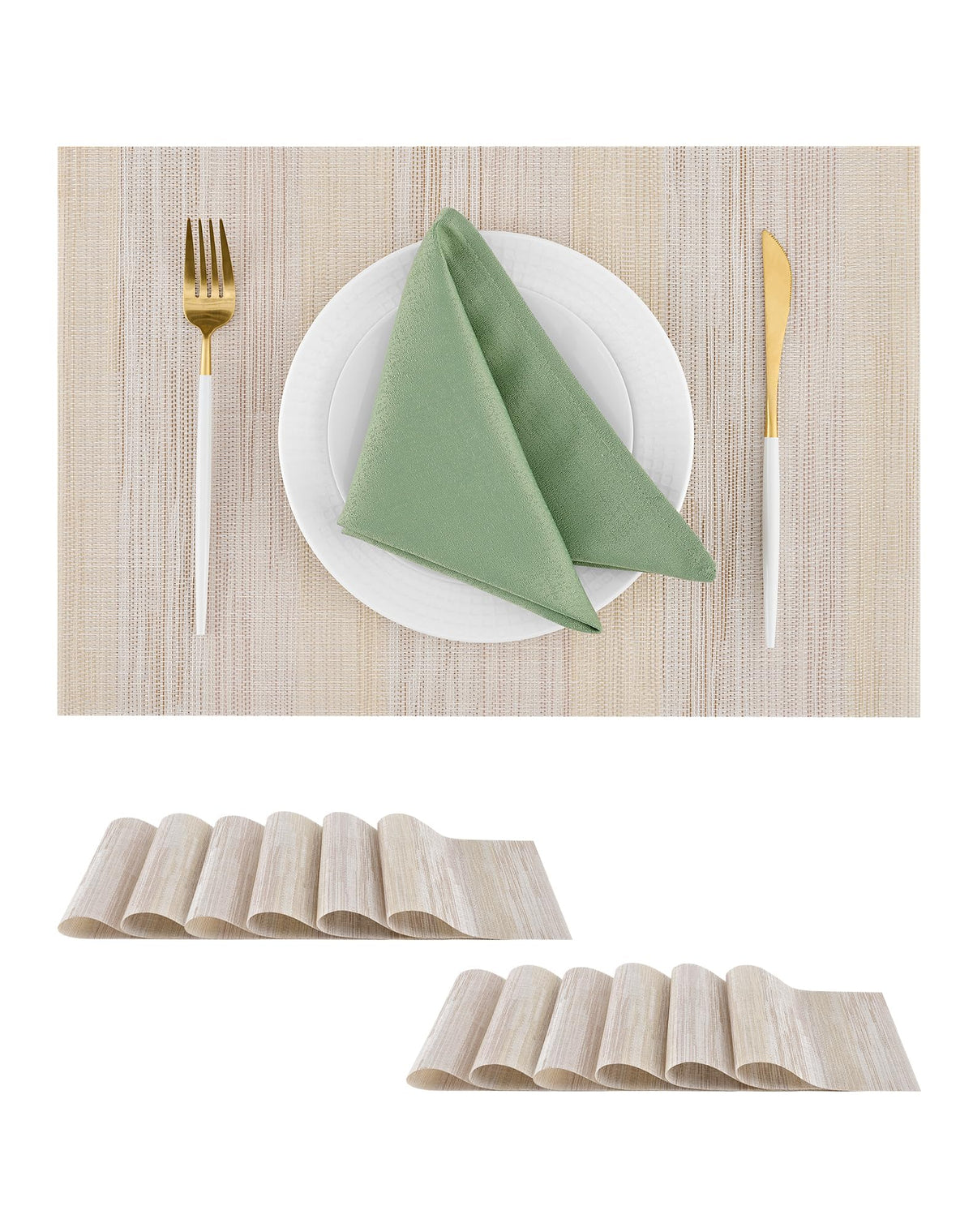 Beige Placemats Set of 6 - Heat-Resistant, Non-Slip Table Mats, Washable Woven Vinyl for Indoor & Outdoor Dining
