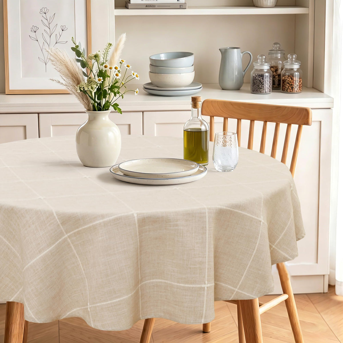 JIUZHEN Faux Linen Rectangle Tablecloth, Wrinkle Stain Resistant Farmhouse Textured Table Cloth Decorative Fabric for Kitchen, Dining, Party, Wedding,Outdoor Use,90 x 132 Inch,Beige