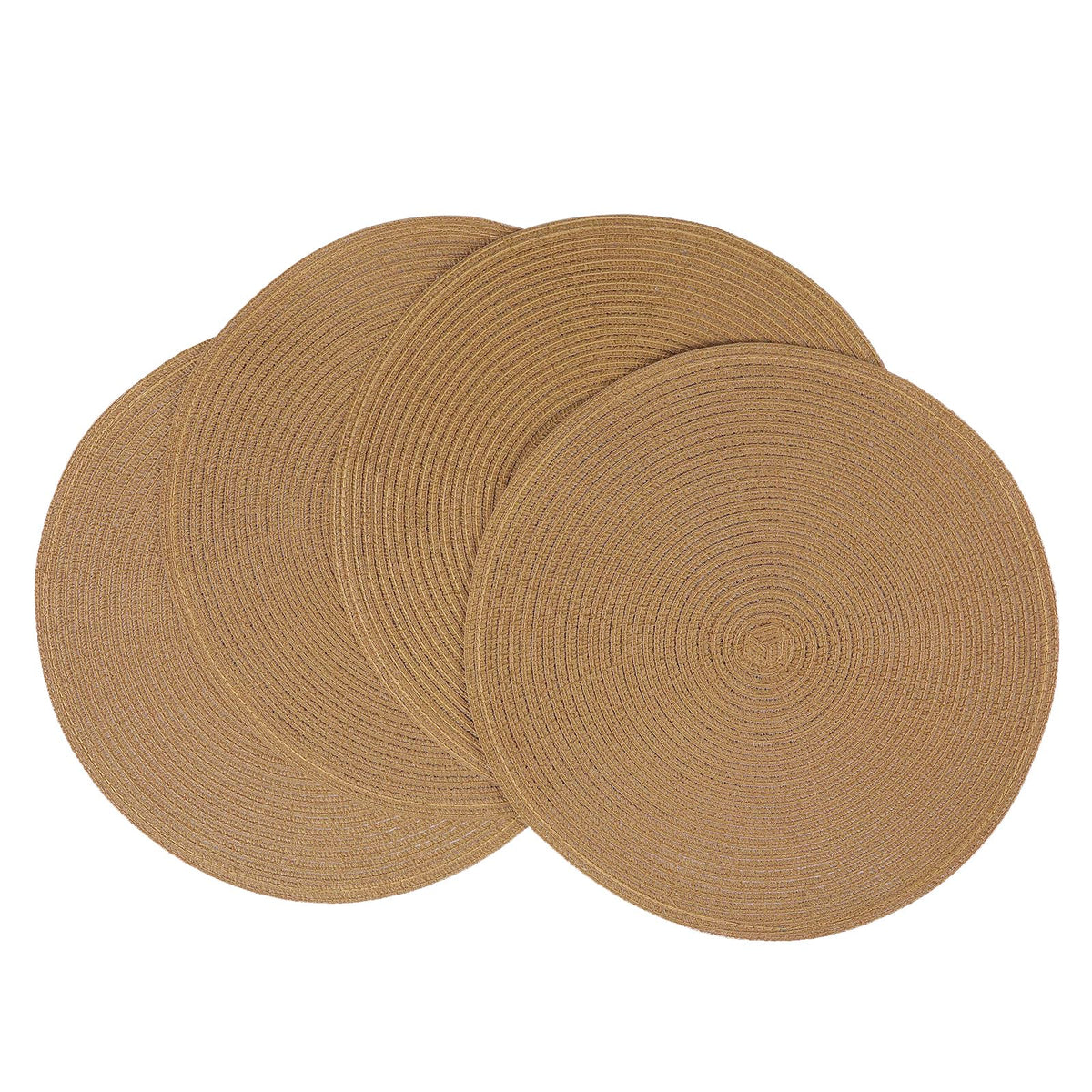 SHACOS 15 inch Round Placemats Set of 6, Cotton Polyester Woven Braided Place Mats, Washable Heat Resistant Circle Table Mats for Dining Table (Beige, 6)