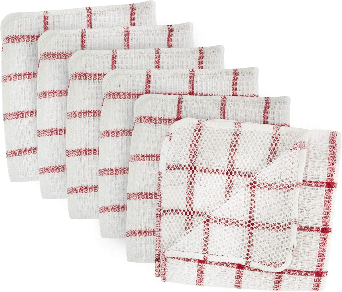 DII Scrubber Dishcloths Collection Windowpane Dishrag Set, 12x12, White/Red Stripe, 6 Piece