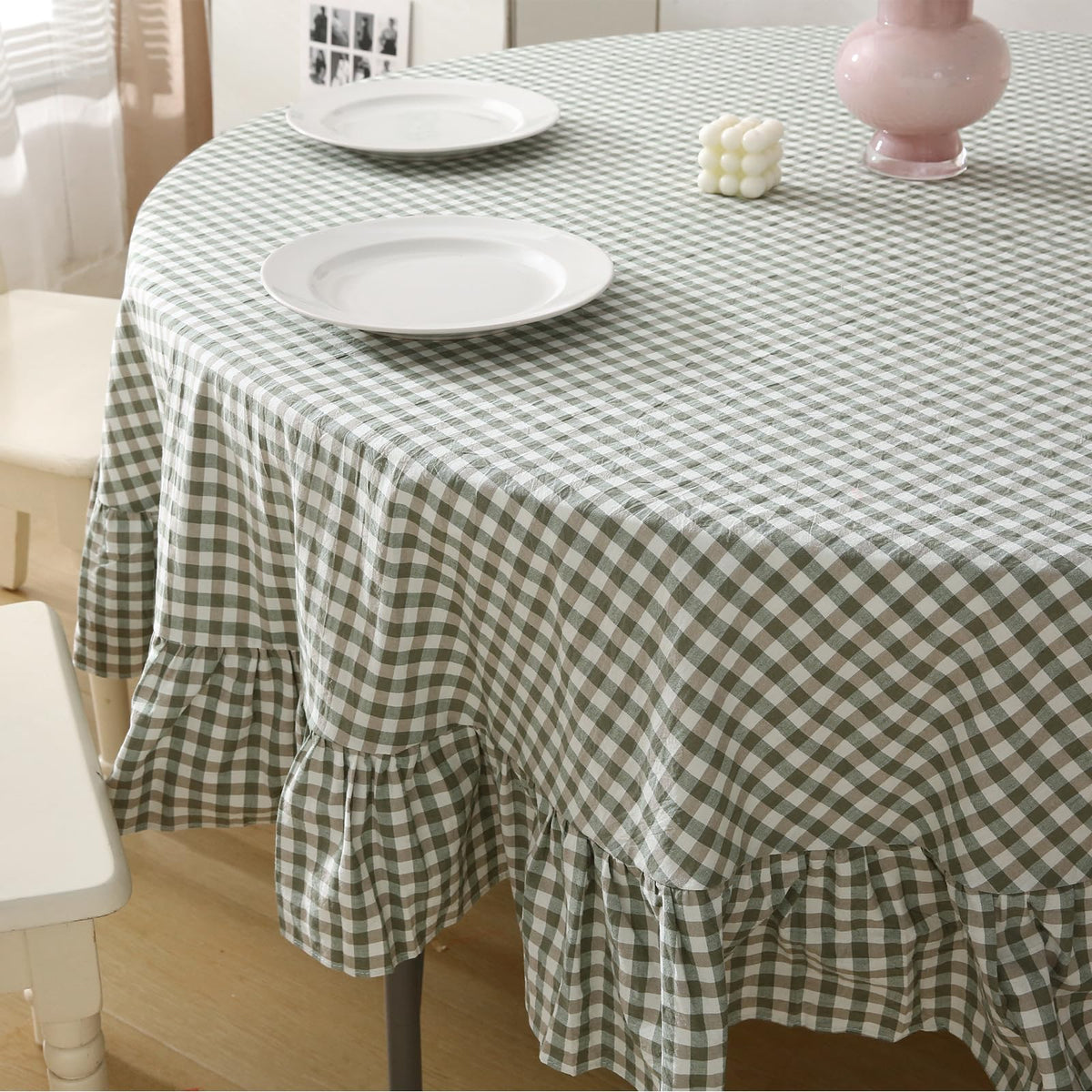 Taupe White Gingham Ruffled Tablecloth 120"x60"