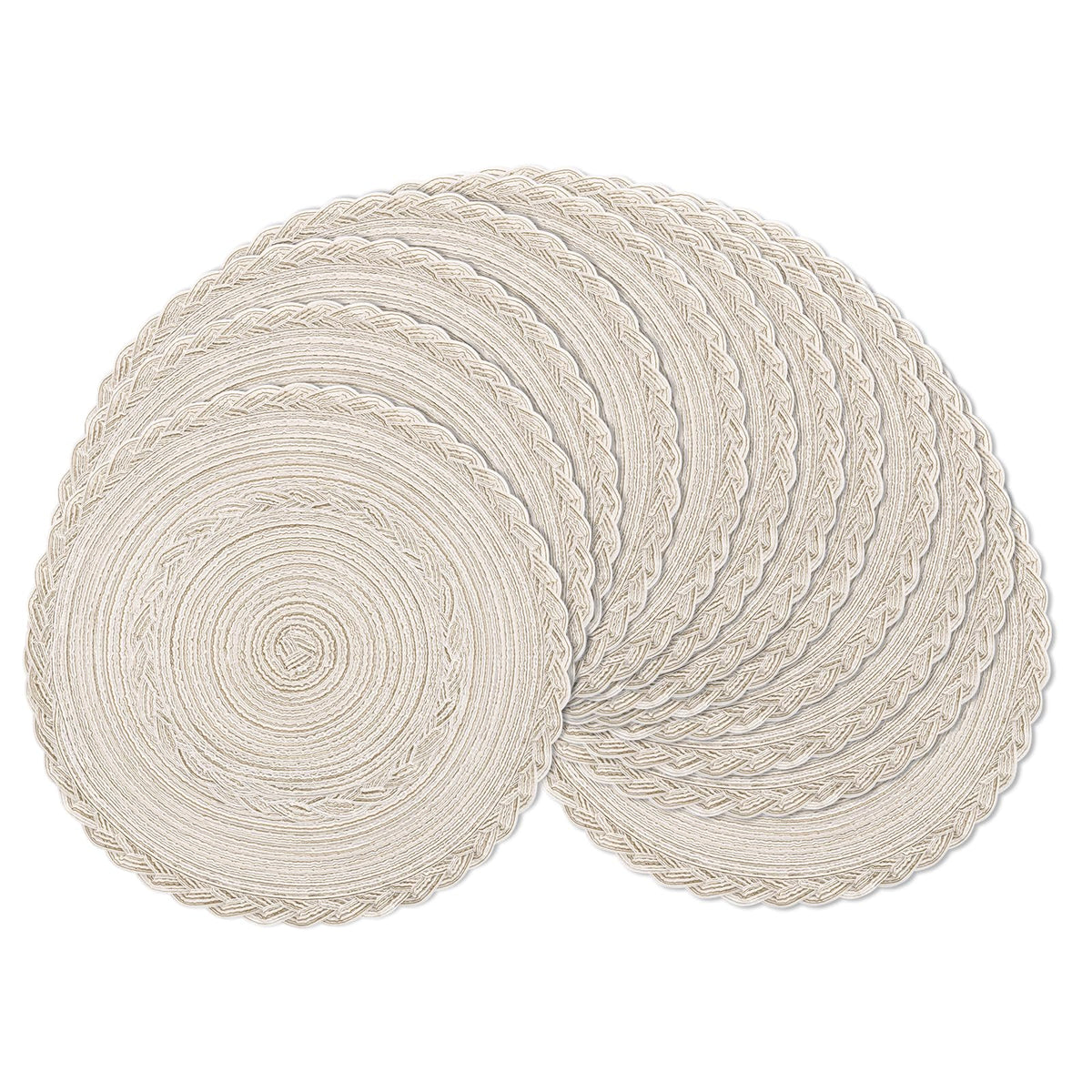 SHACOS 15 inch Round Placemats Set of 6, Cotton Polyester Woven Braided Place Mats, Washable Heat Resistant Circle Table Mats for Dining Table (Beige, 6)
