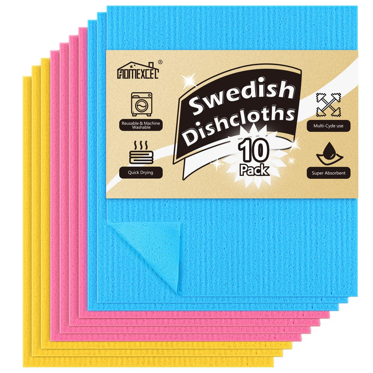 HOMEXCEL 10PK Swedish Dishcloths for Kitchen, Absorbent Dish Cloths, 7x6in