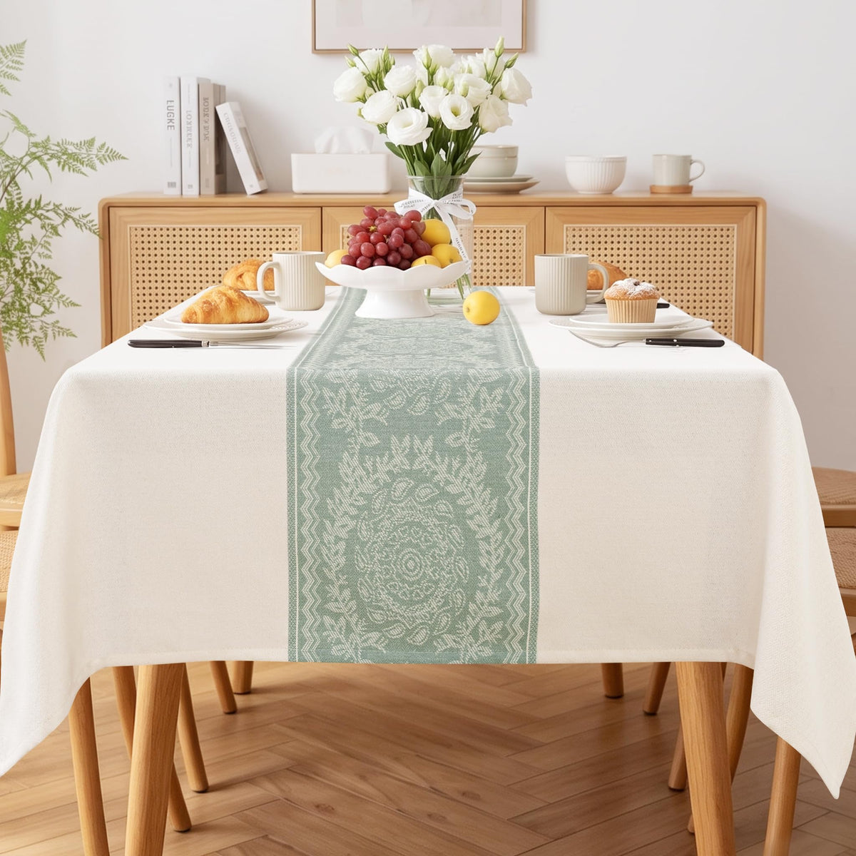 JIUZHEN Faux Linen Rectangle Tablecloth, Wrinkle Stain Resistant Farmhouse Textured Table Cloth Decorative Fabric for Kitchen, Dining, Party, Wedding,Outdoor Use,90 x 132 Inch,Beige